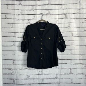 Jones New York Signature Black Gold Stretch Button Shirt Women’s Small Roll Tab